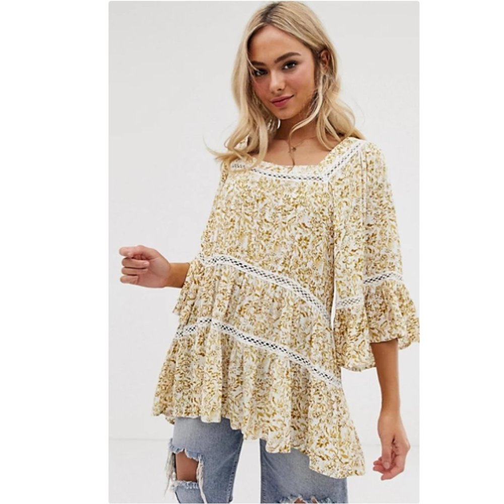 Free People Yellow Floral Tunic Top